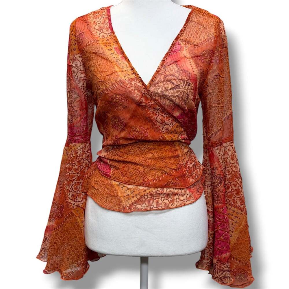 Vintage Y2K Burnt Orange Mesh Bell Sleeve Blouse - ,